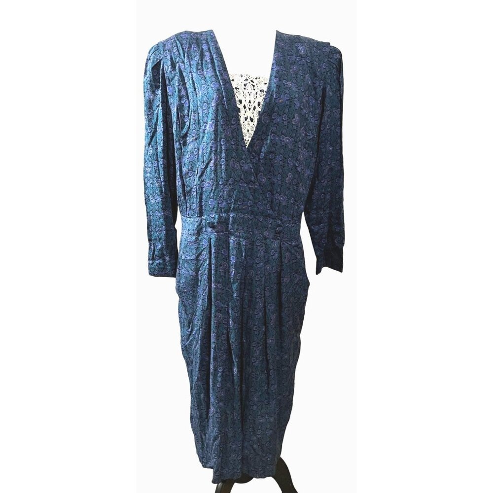 Vintage Prarie Dress Eighties KSL by Karin Stephens Sz 22 W Blue Green Paisley R